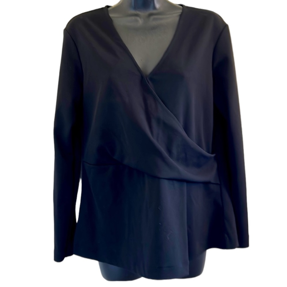 H BY HALSTON size medium black faux wrap v-neck top with stretch top